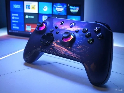 A custom gaming controller with multicolored backlit buttons is in front of a TV screen displaying a game menu.