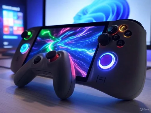 A gaming console with an attached controller displaying colorful, neon-lit buttons and a vibrant digital screen.