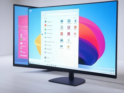 A computer monitor displays a Windows 11 desktop with open start menu and various app icons.