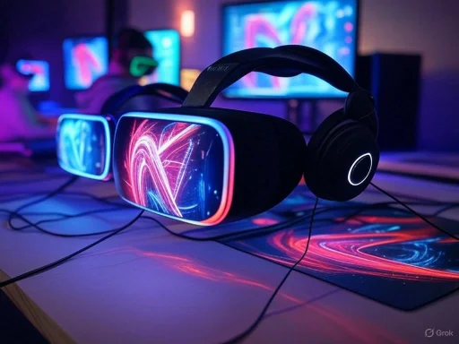 Virtual reality headsets and monitors display colorful, illuminated visual effects in a dimly lit tech workspace.