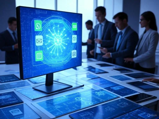 Business professionals analyze digital interface concepts displayed on a large screen and tablets during a presentation.