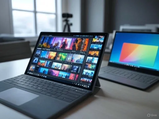 Two laptops on a desk, one displaying a colorful photo editing interface, the other showing a simple colorful background.