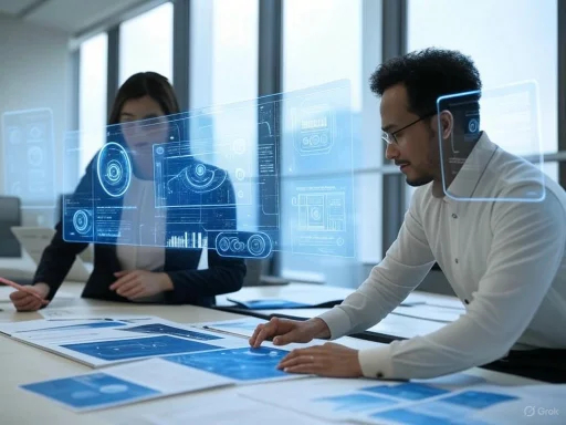 Two professionals analyze futuristic digital interfaces and documents in a modern office setting.