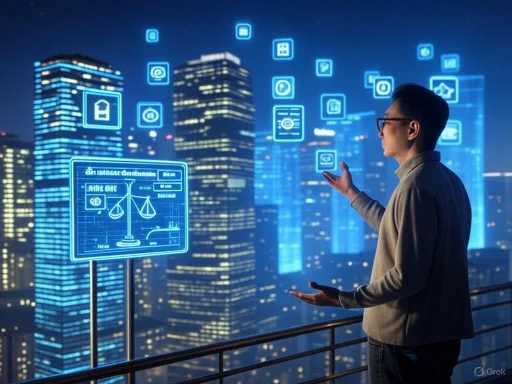 A man uses a holographic interface with icons and data overlays against a city skyline at night. A man uses a holographic interface with icons and data overlays against a city skyline at night.