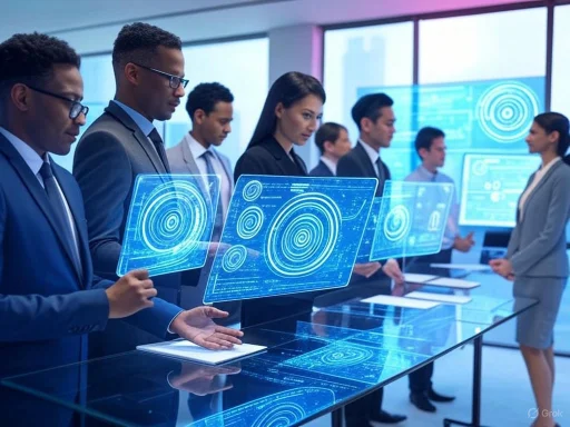 Business professionals in a high-tech meeting, interacting with holographic data displays.