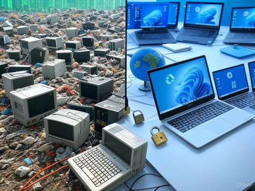 Left: E-waste dump with discarded computers; right: modern laptops and tech on a clean desk.