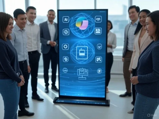 A group of professionals is gathered around a digital display screen in a modern office, analyzing data or a presentation.