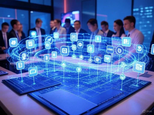 A digital hologram of interconnected icons hovers over a conference table with business people in the background.