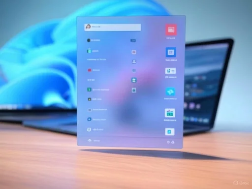 A floating digital menu or interface appears over a laptop on a wooden surface in this image.