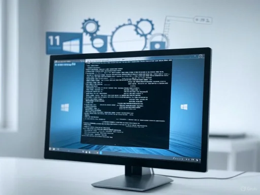 A computer monitor displaying code or command-line interface on a Windows desktop, with technical icons on the wall behind.