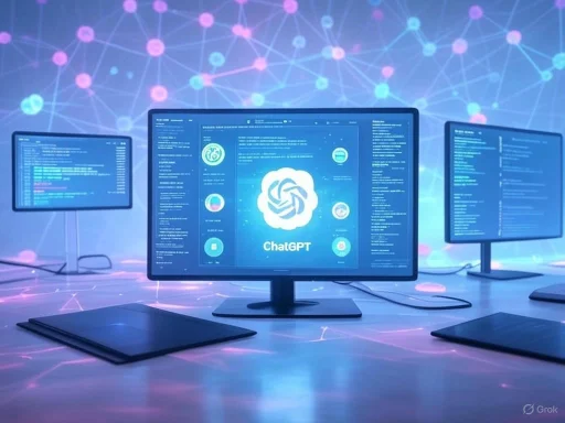 Multiple monitors display coding and ChatGPT interface against a futuristic digital network background.