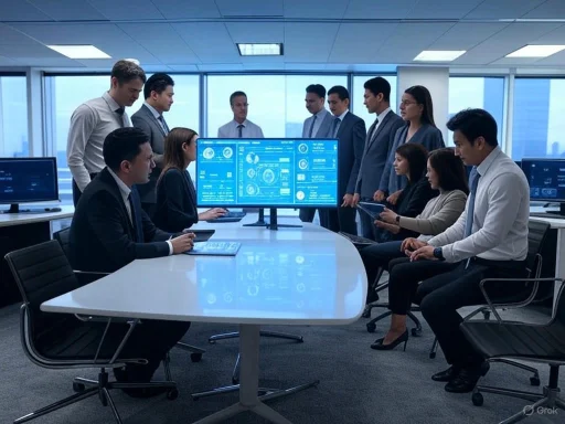 A diverse group of professionals is engaged in a high-tech business meeting in a modern office conference room.