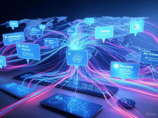 Digital global communication network with interconnected data points and devices over a world map.