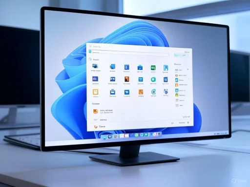 A computer monitor displays the Windows 11 desktop with folders and icons, on a white desk with a keyboard in the background.
