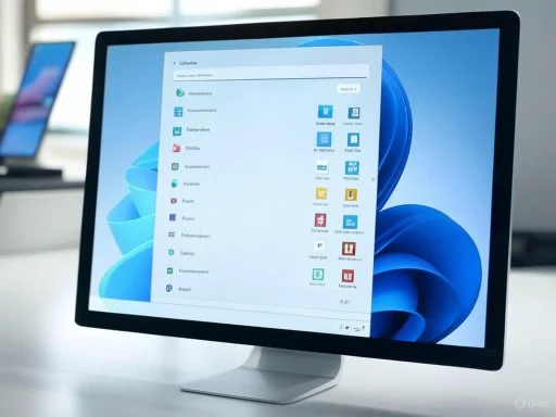 A computer monitor displays the Windows 11 start menu with various app icons on a clean desktop.