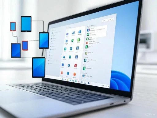 A laptop displays a software interface with connected device icons on the left side in a modern office setting.