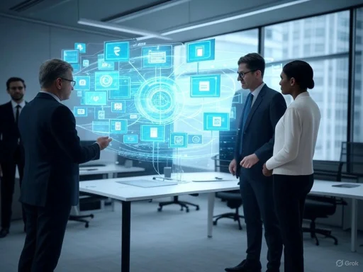 Businesspeople discussing or examining a holographic digital interface in an office setting. Businesspeople discussing or examining a holographic digital interface in an office setting.