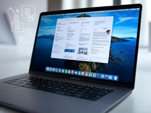 A MacBook laptop displaying a webpage with a scenic ocean view, placed on a white desk in a bright room.