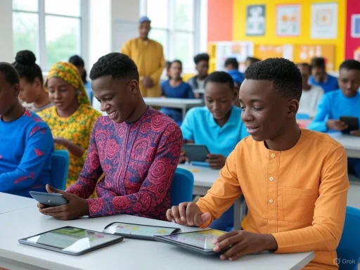 Students in a classroom are using tablets, smiling and engaged with digital learning tools.