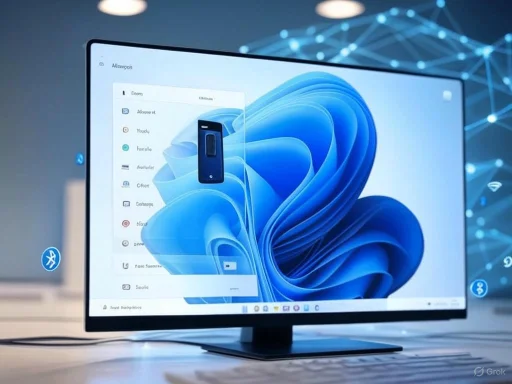 A computer monitor displays a sleek Windows 11 interface with a blue abstract background and various icons.