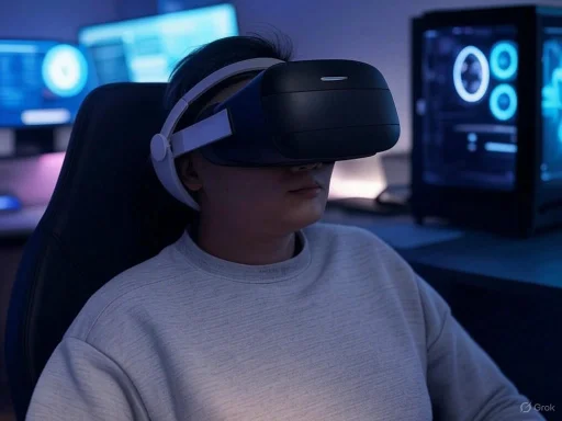 A person wearing a virtual reality headset and headphones, seated in a dark room with computer monitors displaying data.