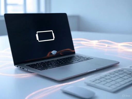 A laptop shows a low battery warning with a wireless charging symbol on the screen, placed on a white desk. A laptop shows a low battery warning with a wireless charging symbol on the screen, placed on a white desk.