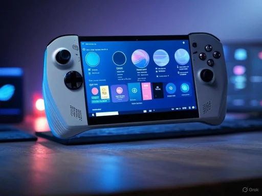 A handheld gaming console displaying a colorful game menu with various options and circular icons, set against a dark background.