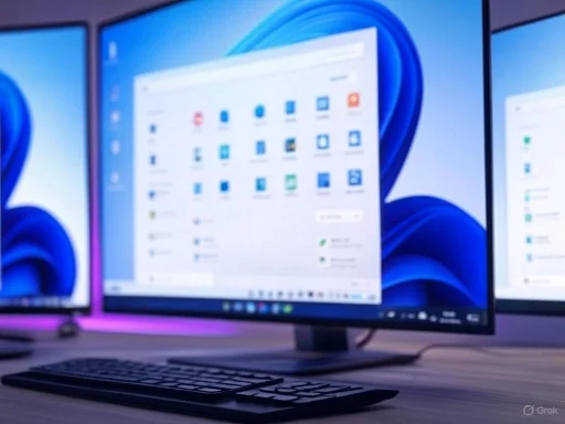 A desktop computer setup displaying a screen with app icons and a blurred background, alongside a matching second monitor.