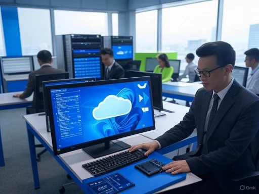Business professionals working on cloud computing and data analysis in a modern office.