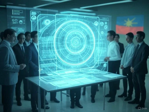 Team of professionals in suits observing a holographic digital interface during a presentation or briefing.