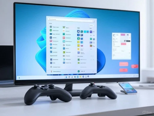A gaming console is placed in front of a monitor displaying a Windows desktop with app icons, along with a smartphone on the side.
