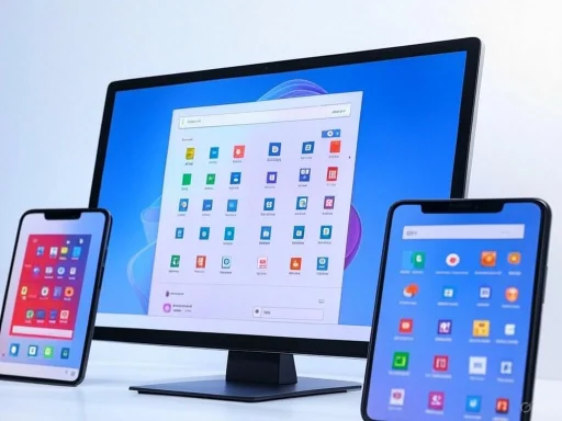 A desktop computer and two smartphones display various app icons on their screens against a white background.