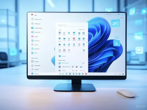 A computer monitor displays a Windows 11 desktop, with icons and a centered start menu, on a desk in a modern office.