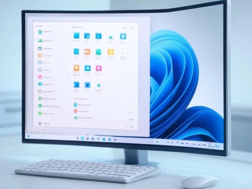 A sleek computer setup featuring a curved monitor, wireless keyboard, and mouse on a white desk.