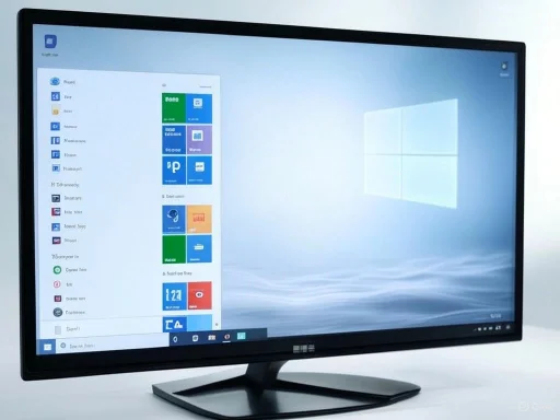 A computer monitor displaying the Windows desktop with Start menu open, showing various app icons and tiles.