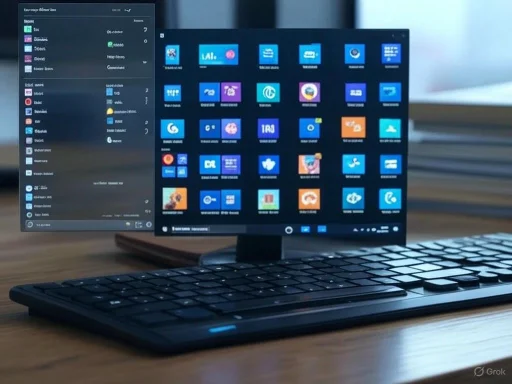 Dual-screen setup with a keyboard on a wooden desk, displaying a Windows interface with various app icons.