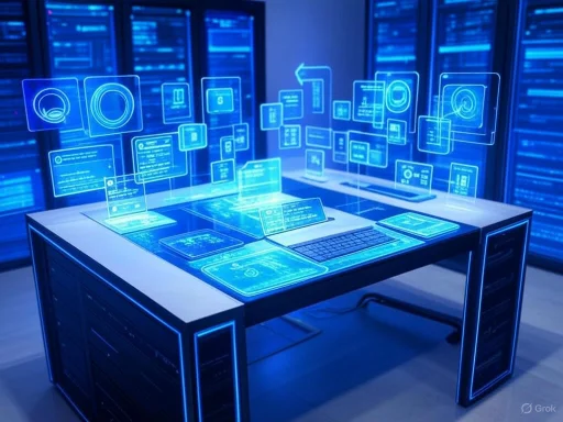 A futuristic workspace with holographic digital interfaces floating above a desk in a data center. A futuristic workspace with holographic digital interfaces floating above a desk in a data center.