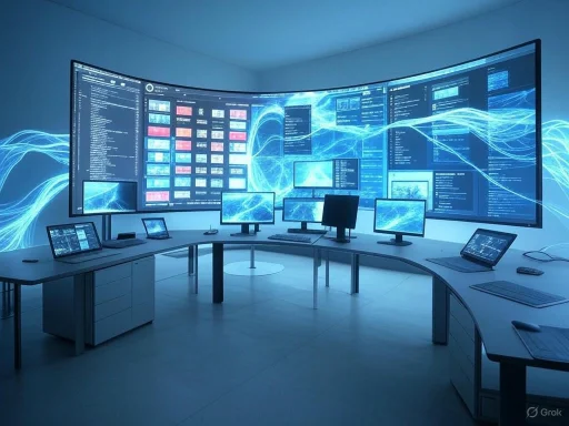 High-tech control room with multiple monitors displaying data and blue digital wave graphics.