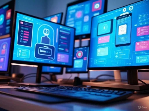 Multiple computer monitors display digital interface designs related to cybersecurity or app development.