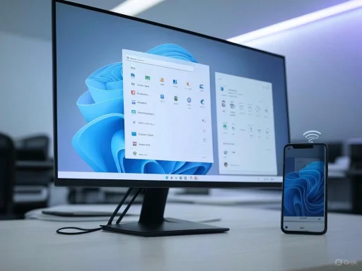 A computer monitor displays Windows 11 interface, with a smartphone beside it on a desk.