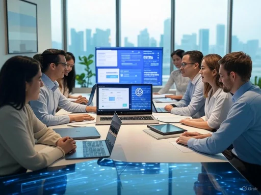 A diverse group of professionals collaborates in a modern office with city skyline views, using laptops and digital displays. A diverse group of professionals collaborates in a modern office with city skyline views, using laptops and digital displays.