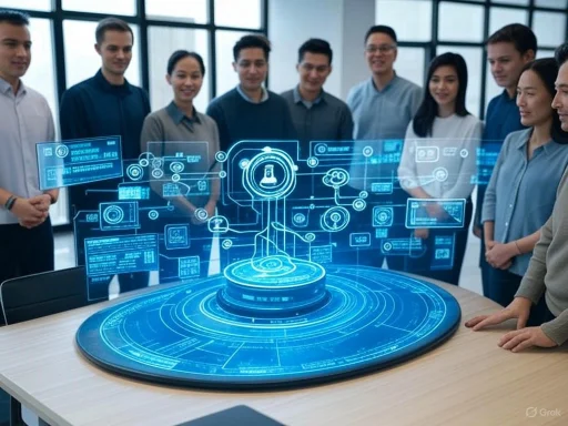 A diverse group of professionals observes a futuristic digital interface related to technology and innovation.