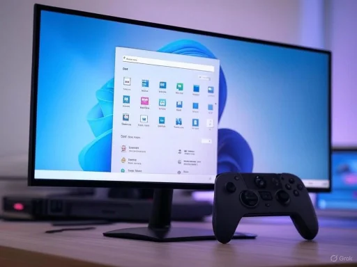 A gaming monitor displays a Windows desktop with a game launcher, with a game controller in front on a wooden desk.