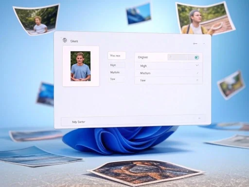 A computer screen displays photo organization software with a portrait of a young man, surrounded by floating images on a blue background.