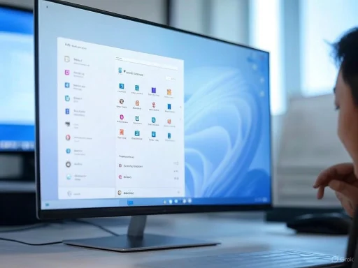 A person using a computer displaying a Windows interface, with various app icons and a sidebar menu.