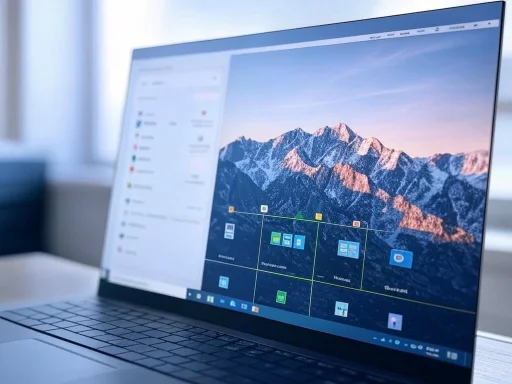 A laptop screen displays a mountain landscape background with a grid layout and application icons.