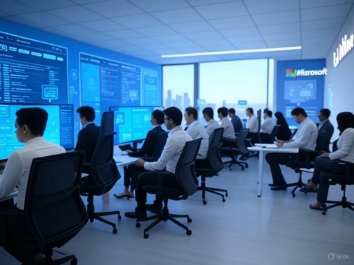A group of professionals working at computer stations in a high-tech office with large digital screens and cityscape views.