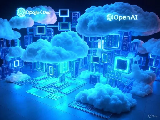 Illustration of cloud computing with digital clouds and server icons, featuring Opalize Cloud and OpenAI logos.