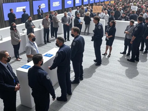 People in line and engaging at a conference or event with digital screens and displays in the background.