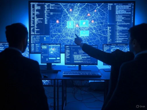 Two analysts work on cyber security, monitoring a large digital network map on screens in a dark room. Two analysts work on cyber security, monitoring a large digital network map on screens in a dark room.